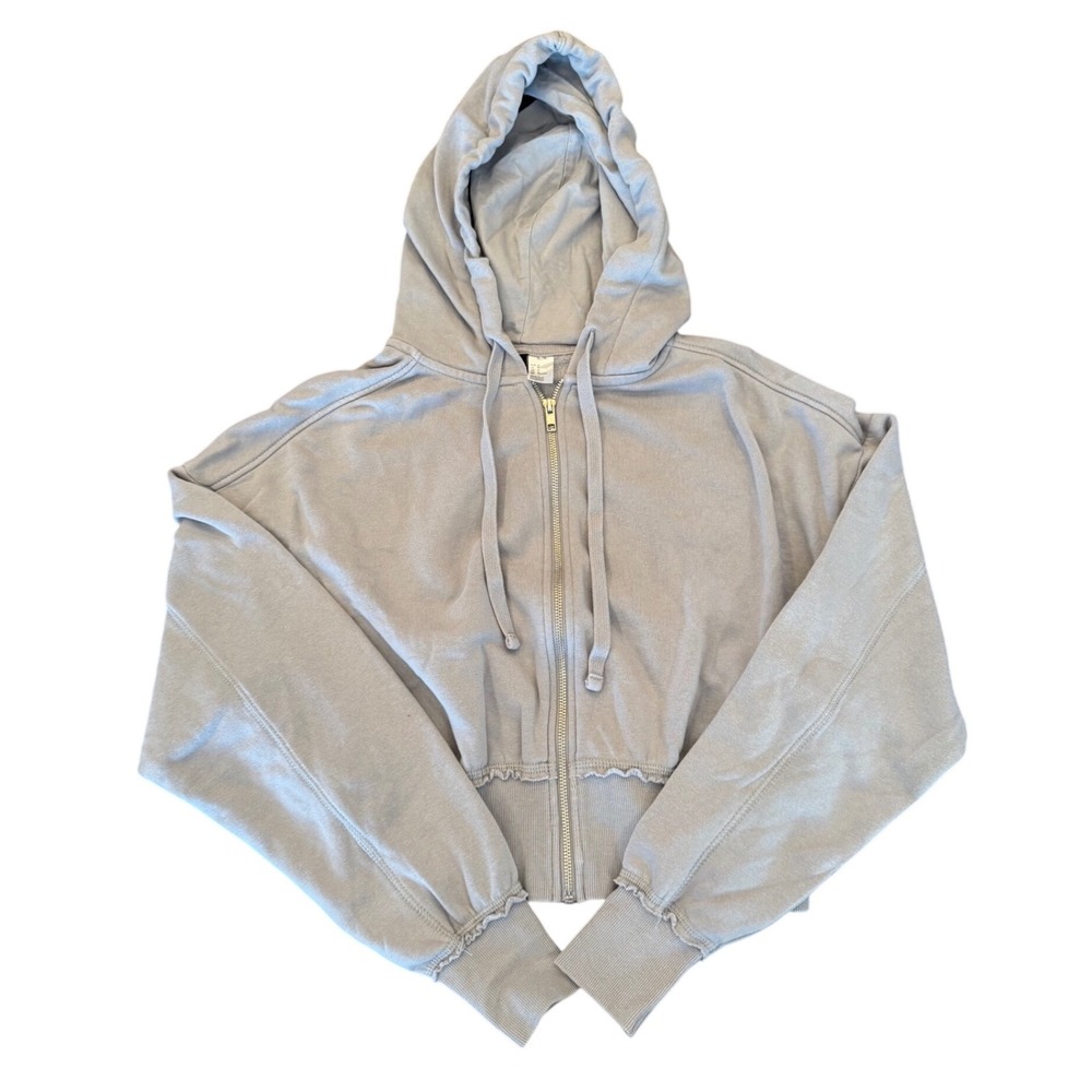 HM Divided Women Light Gray Cropped Zip Up Hoodie Lettuce Trim Size M